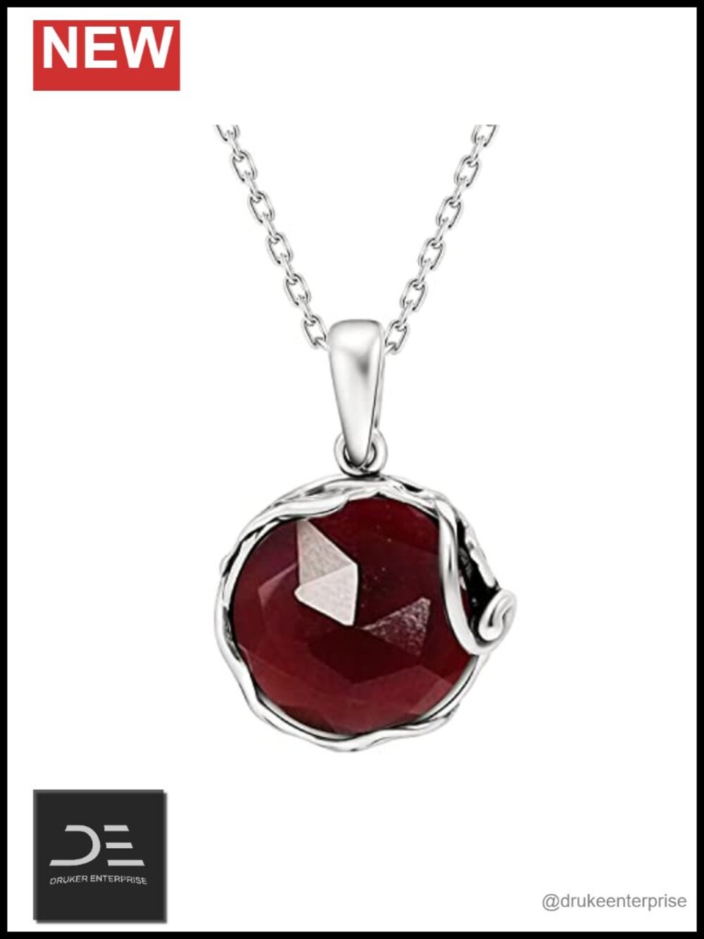 925 Sterling Silver Garnet Pendant Necklace Women 20" Chain Long Statement